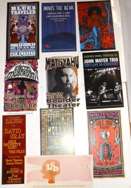 MUSIC CONCERT POSTERS: 10 MUSIC CONCERT POSTERS INCLUDING BLUES TRAVELER; MINUS THE BEAR INFECTED MUSHROOM; MATISYAHU; JOHN MAYER TRIO; DAVID GRAY; & ART PRINT POSTERS. SIZES RANGE FROM 10 X 19 TO 13 X 19.