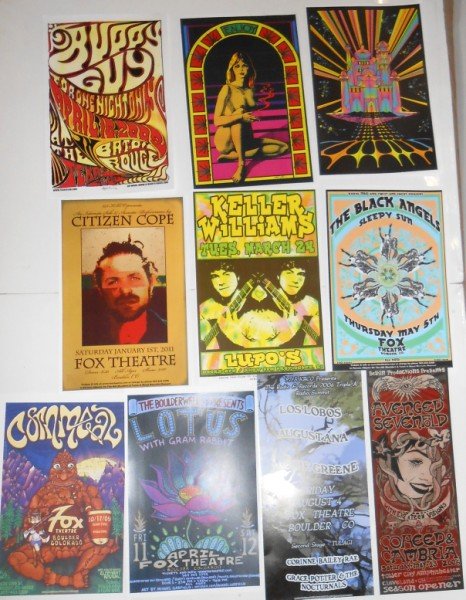 MUSIC CONCERT POSTERS: 10 MUSIC CONCERT POSTERS INCLUDING CITIZEN COPE; LOTUS; THE BLACK ANGLES; KELLER WILLIAMS CORNMEAL; LOS LOBOS; & ART PRINT POSTERS. SIZES RANGE FROM 10 X 19 TO 13 X 19.