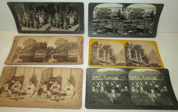 STEREO-OPTIC VIEWS CARDS: 6 1900'S CHINA & JAPAN STEREOPTICON (STEREO-OPTIC) VIEW CARDS. 3 1/2 INCHES X 7 INCHES.