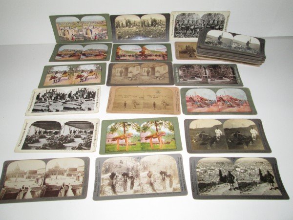 STEREO-OPTIC VIEWS CARDS: 42 PEOPLE IN NATIVE LOCATONS STEREOPTICON (STEREO-OPTIC) VIEW CARDS. PAPER PEELING. 3 1/2 INCHES X 7 INCHES.