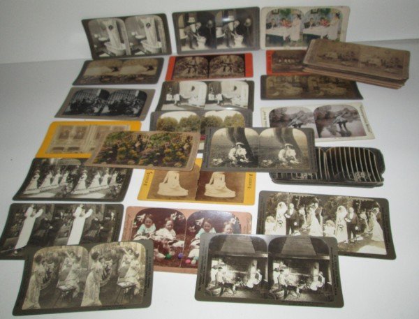 STEREO-OPTIC VIEWS CARDS: 38 COMEDY STEREOPTICON (STEREO-OPTIC) VIEW CARDS. EDGE CUT. 3 1/2 INCHES X 7 INCHES.
