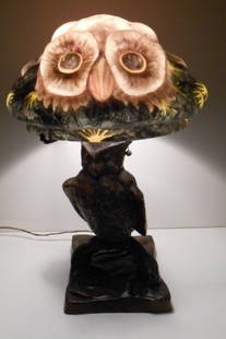 OWL LAMP: ORNATE BRONZE PUFFY SHADE OWL LAMP. SOME SCRATCHES TO BASE. 22 INCHES X 8 1/2 INCHES.