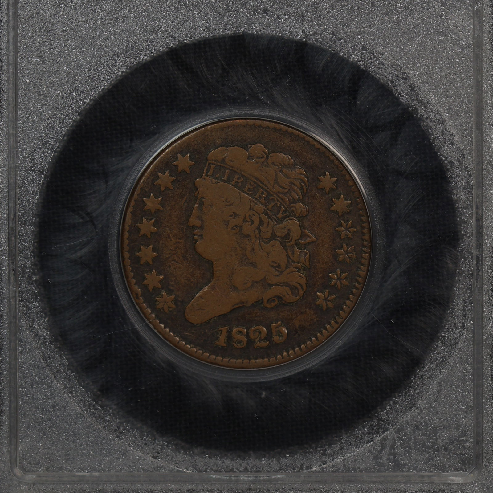 1825 1/2c Half Cent Classic Head VF: Fun little 1984 defunct Accugrade holder. Smaller than a soapbox!