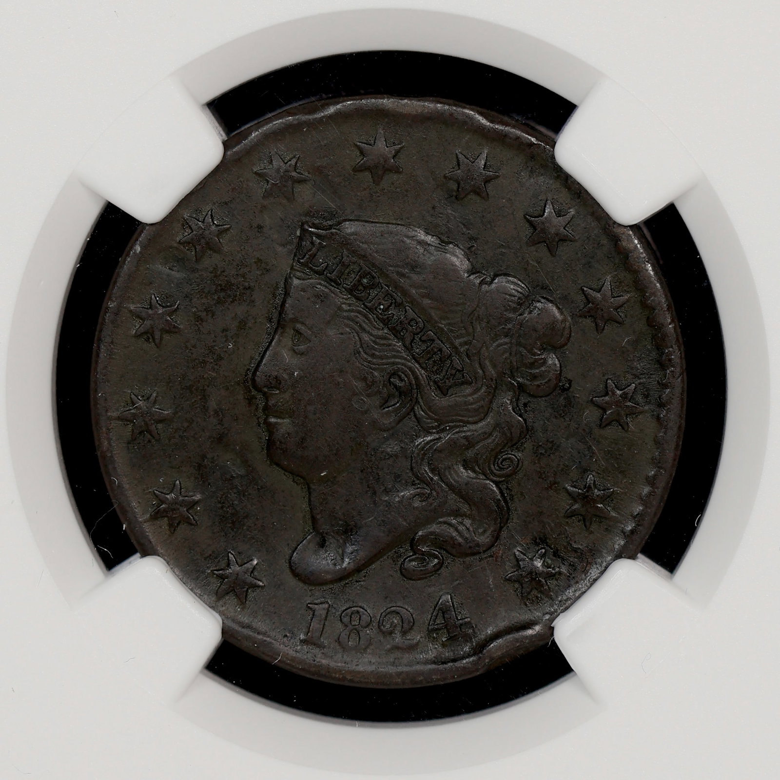 1824 1/2c Half Cent NGC VF+ Details BETTER DATE: Worth quite a lot in higher VF. The damage is the rim dings.