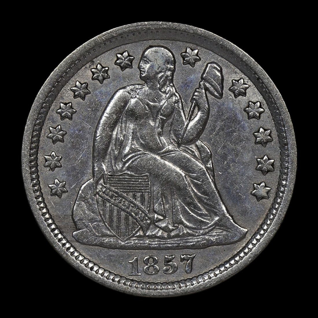 1857 Seated Liberty Dime AR XF/AU Details: Early date with lots of remaining detail. Appears high grade with cleaning.
