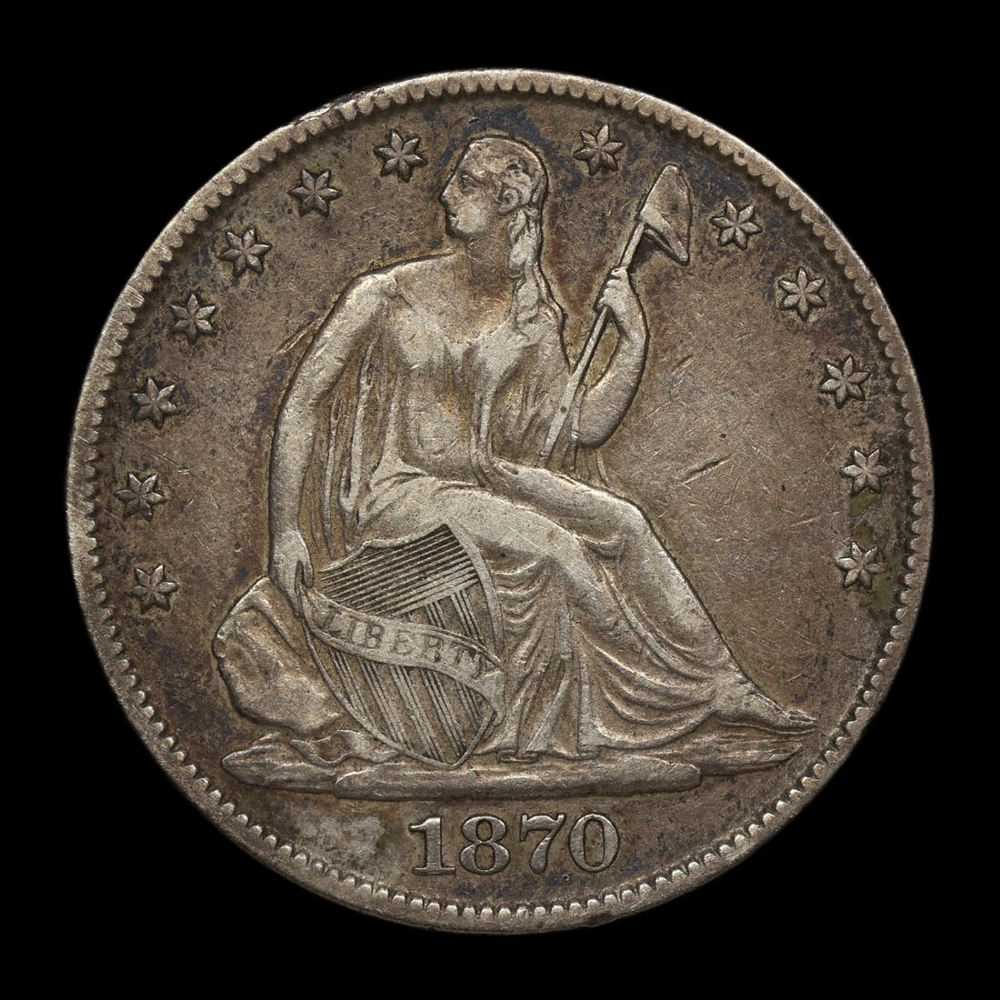 1870 Seated Liberty Half Dollar VF W/ RPD: Another interesting variety! Appears to be WB-3 with the repunch evidence on the 1. Most valuable variety for this date!
