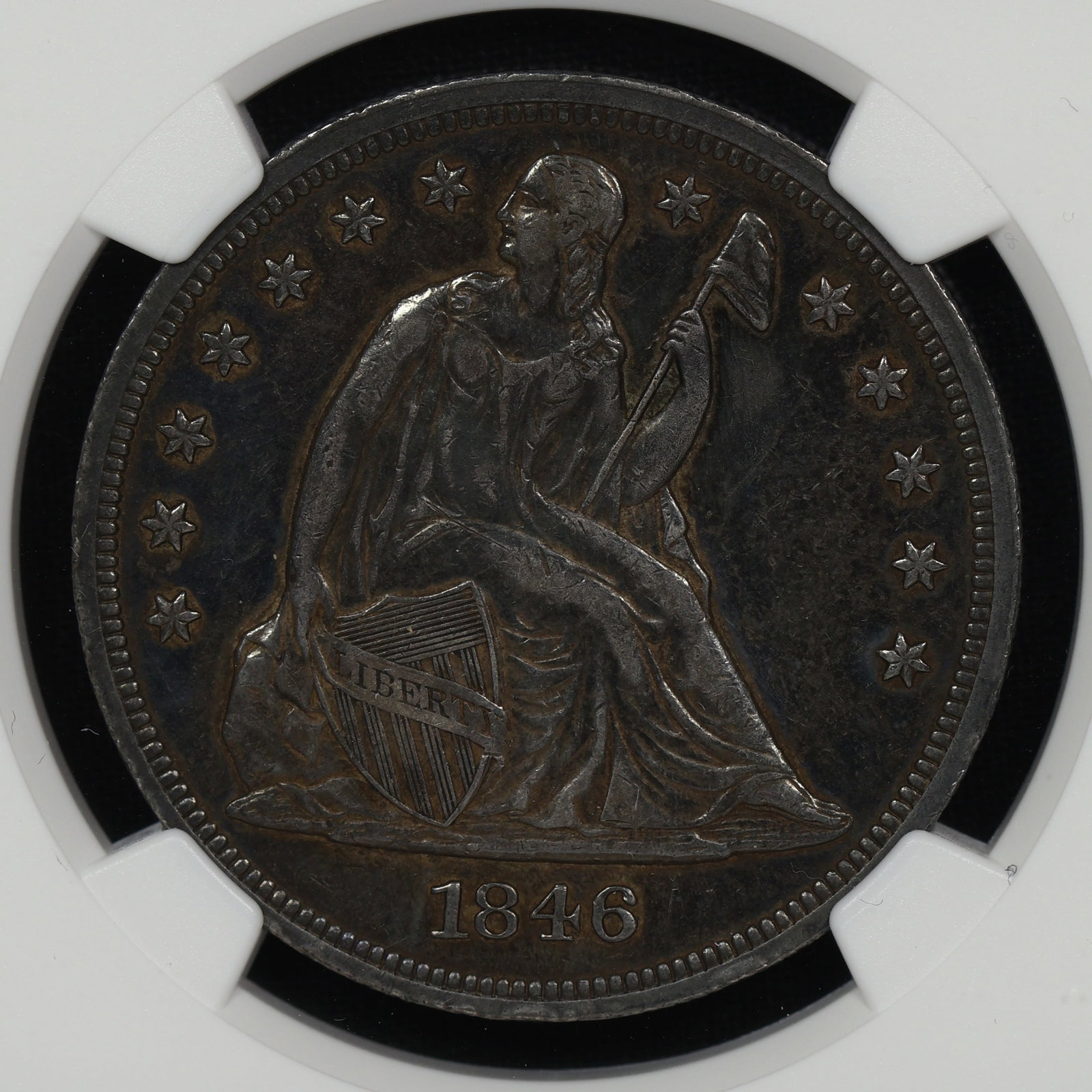 1846 Seated Liberty Dollar XF NGC Details: Difficult to locate the spot. The only perceivable location is a small area behind Liberty's head. Worth a resubmission.