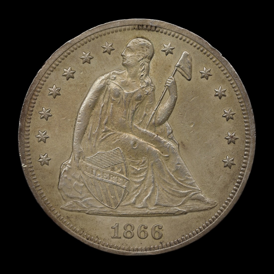 1866 Seated Liberty Dollar AU Details ULTRA RARE: Very scare coin in high grade. There appears to be some surface alteration or substance applied. As for all of our coins, this has been verified and is guaranteed genuine. Substantial surface detail