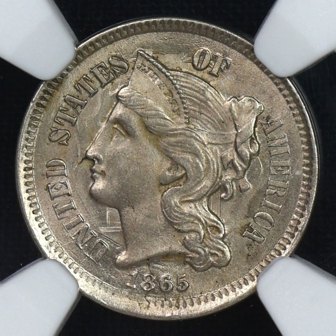 1865 Three Cent Nickel 3CN NGC MS-63 CLASHED: Much more interesting than your average three cent nickel. Extreme clashing on both sides, plump clean cheek and very lustrous. CAC candidate! A fantastic example for your type set!