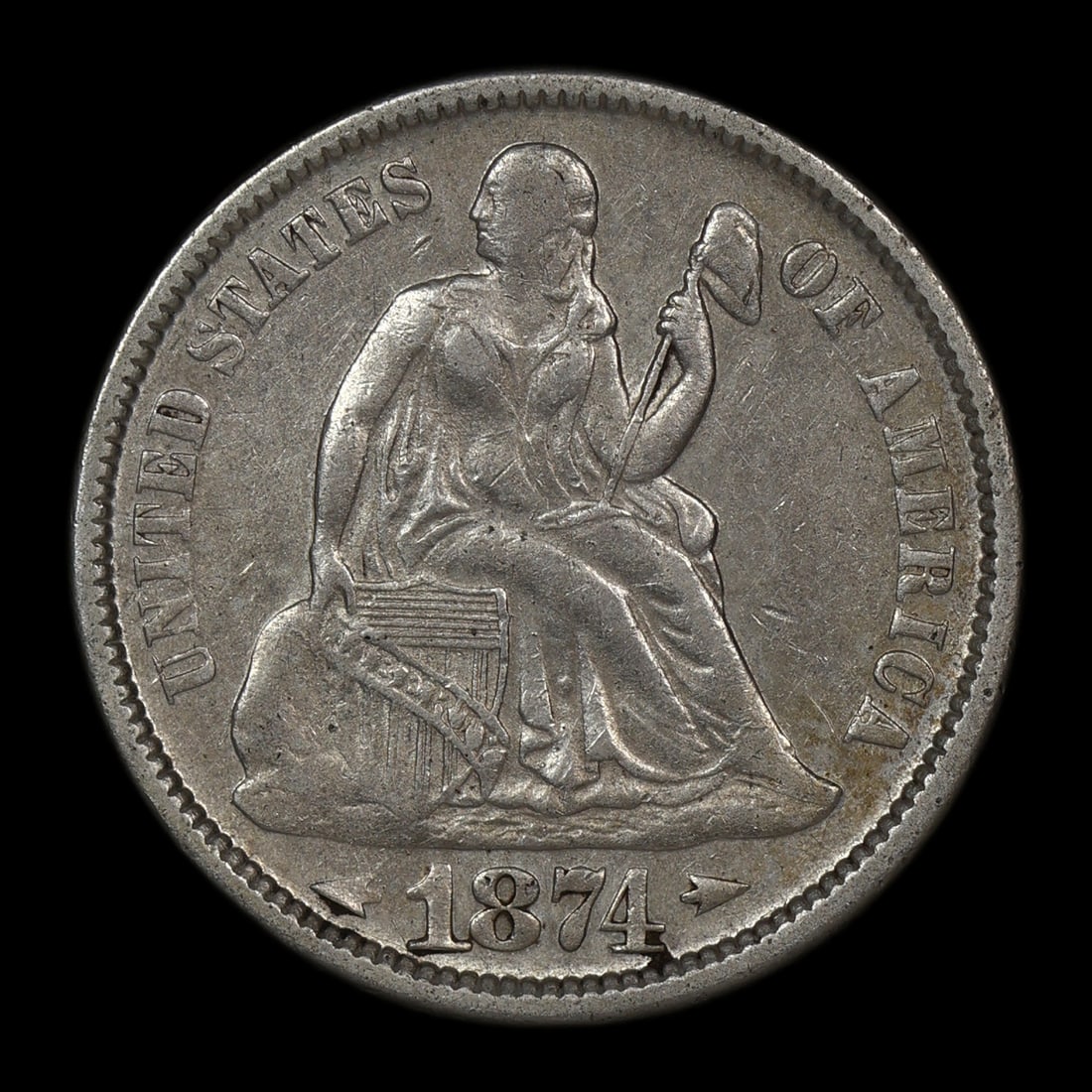 1874 Seated Liberty Dime AR XF/AU Details: Difficult date with lots of remaining detail. Appears high grade with cleaning.