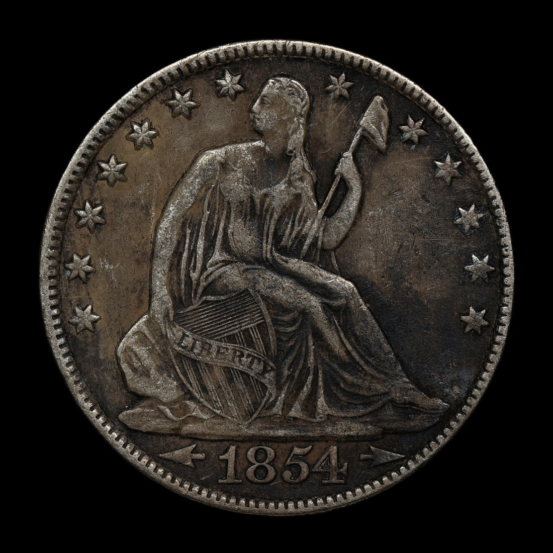 1854 O Seated Liberty Half VF Bigfoot N Variety: A fun variety that adds quite a bit of value to this earlier date seated half. The "N" in "UNITED" on the reverse has blobish lower serif.