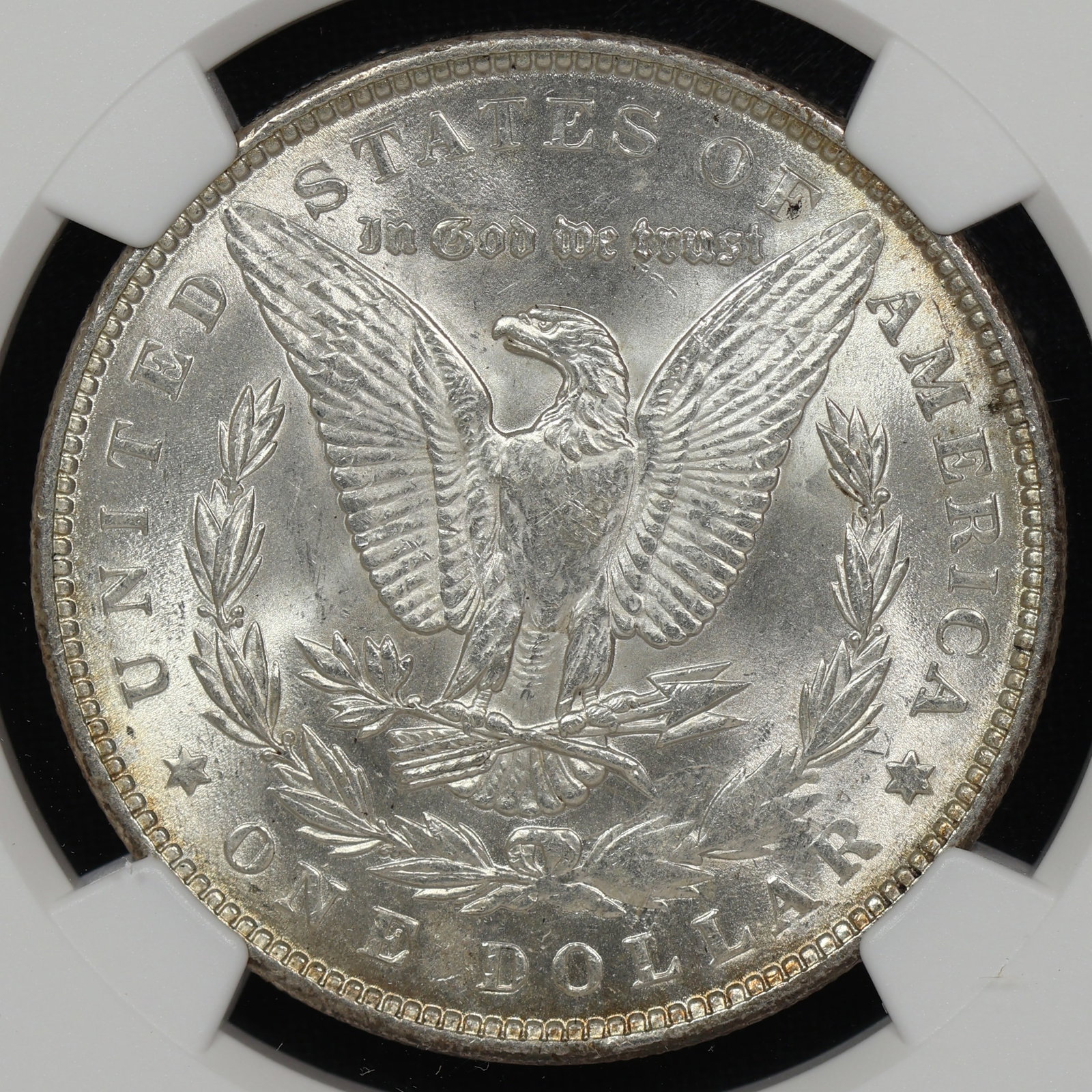 1891 Morgan Silver Dollar NGC MS-61 MINT ERROR: The lower right portion of the bow and wreath were struck through some material. Given the large indent and odd shape it doesn't appear to be a common object like grease or wood. Very unique piece to 