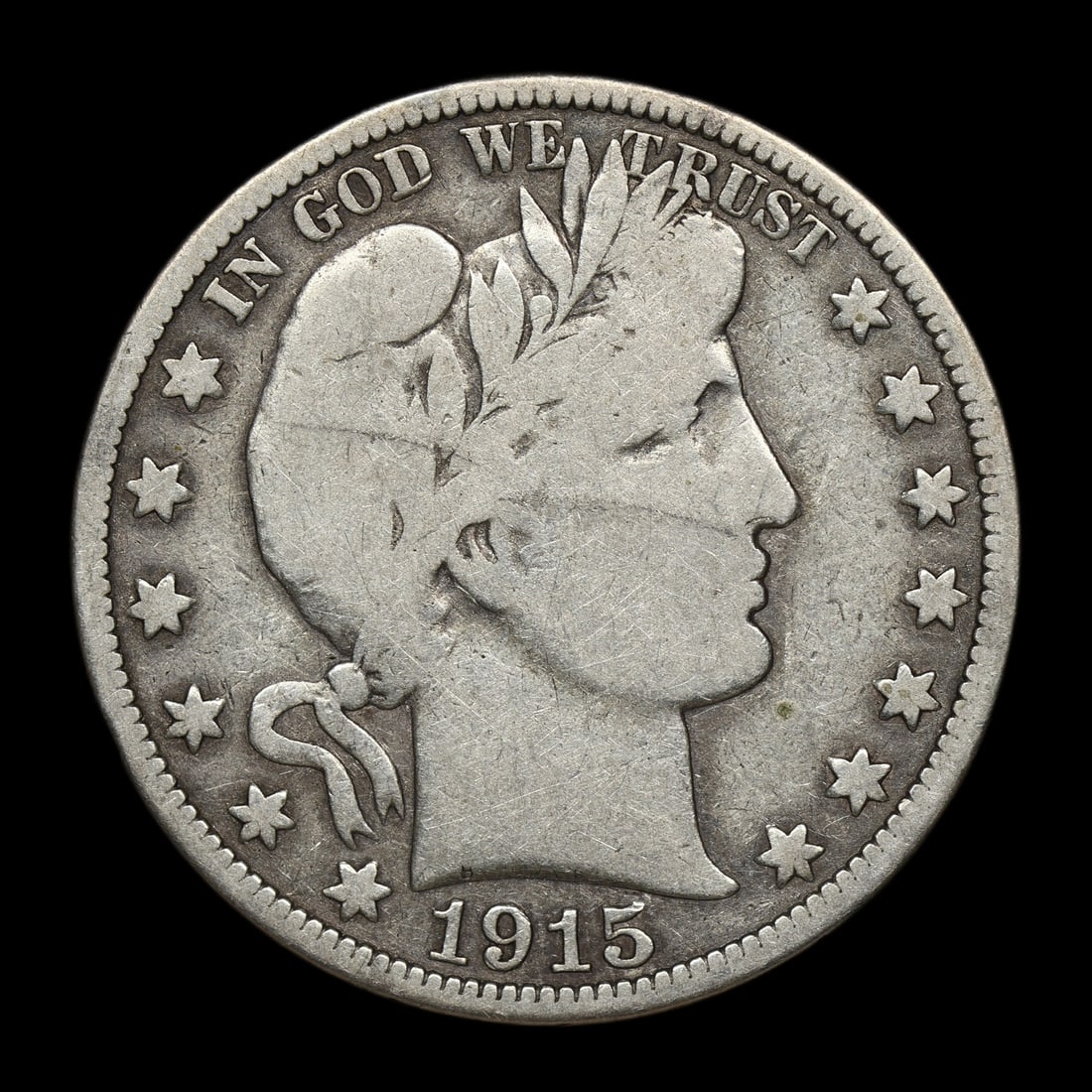 1915 Barber Half Silver Dollar Details SEMI KEY: Last year of production! One of the biggest dates for Philadelphia. Cleaned.