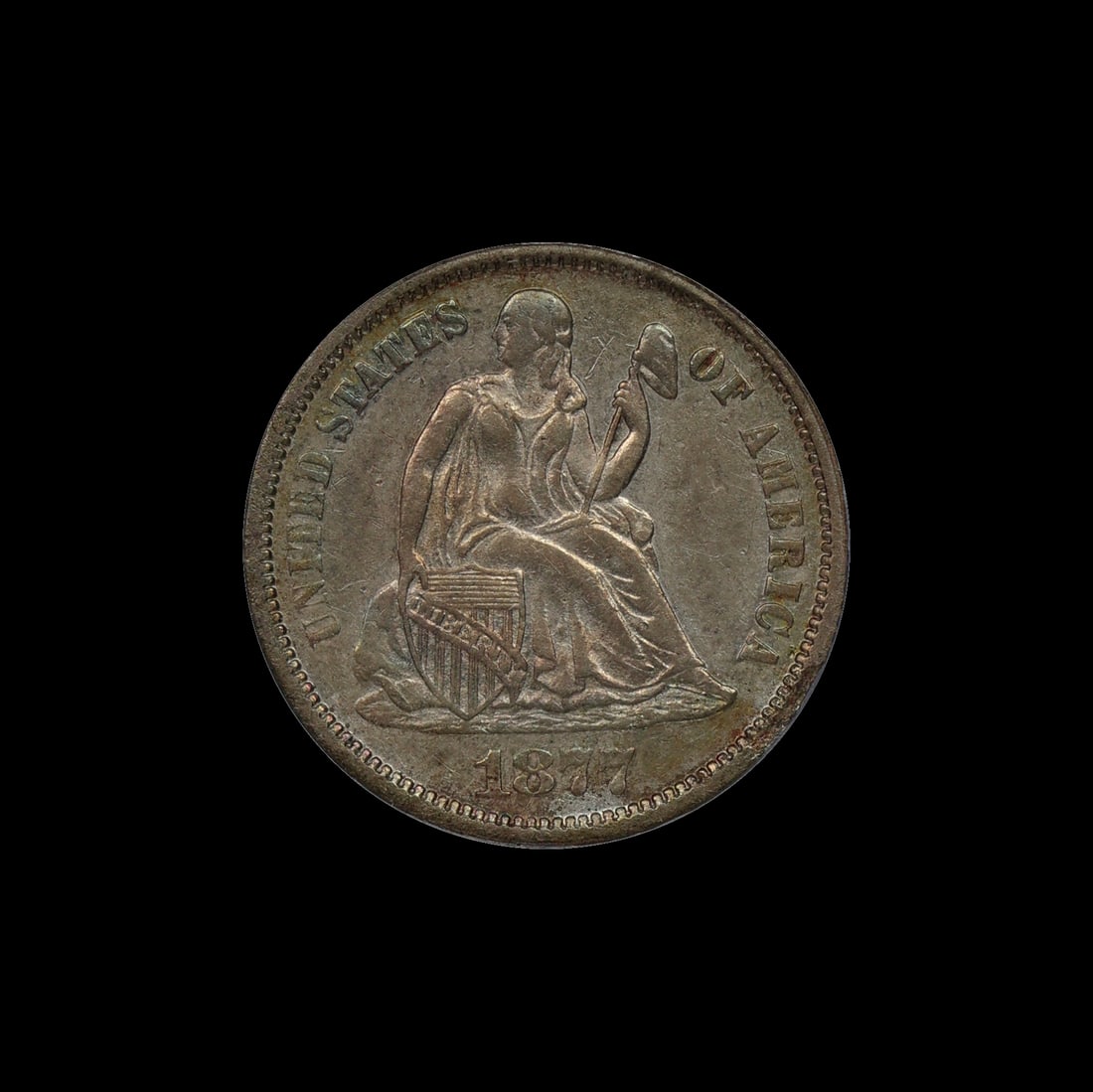 1877 Seated Liberty Dime ICG AU 50 TONED: (CNCI) 1877 Seated Liberty Dime ICG AU 50 TONED