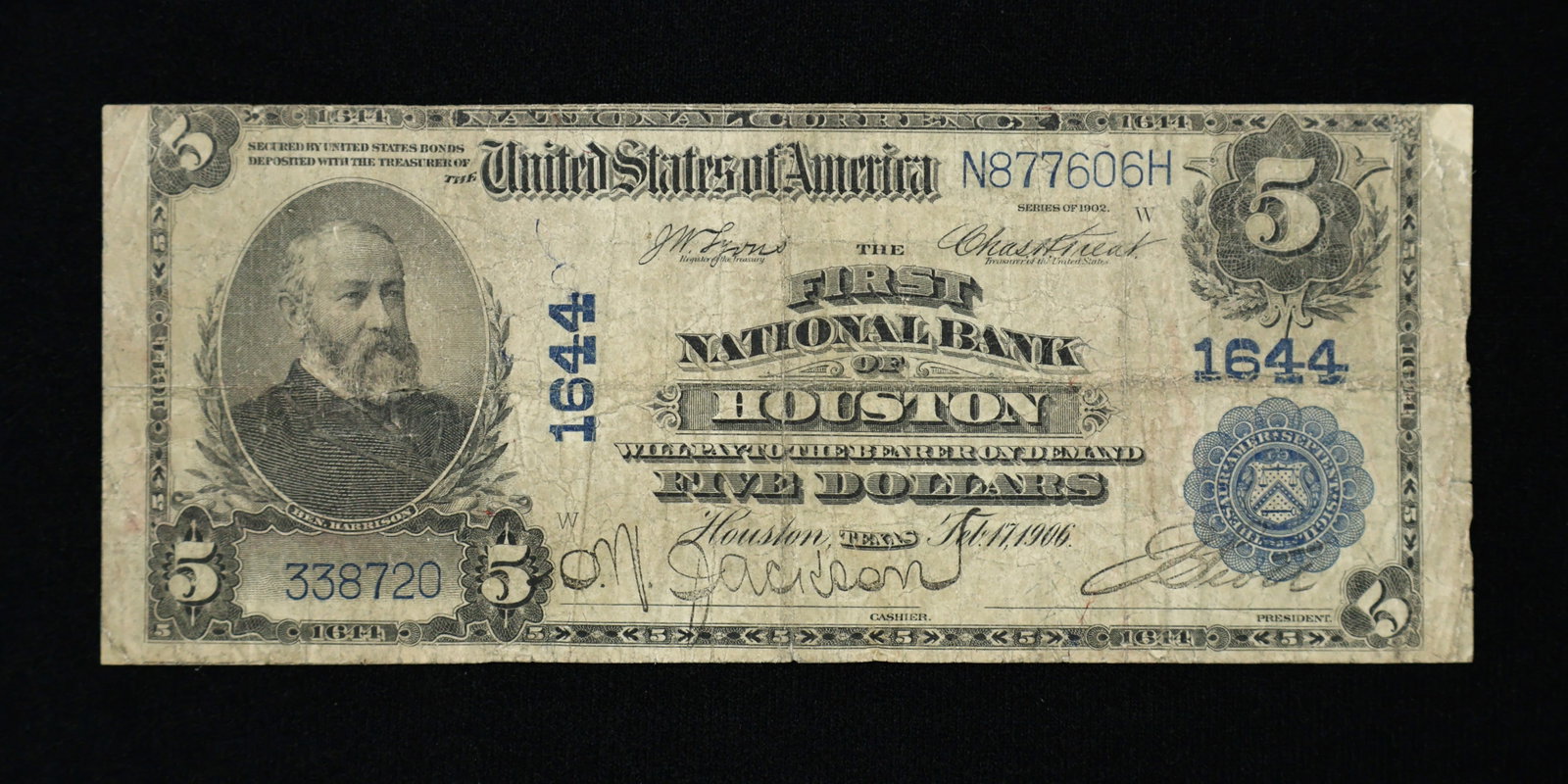 1902 $5 Dollar National Bank Note FNB Houston TX (1 of 2)