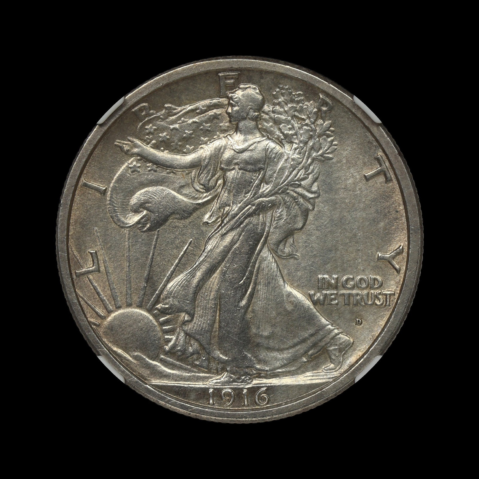 1916 D Walking Liberty Silver Half NGC UNC Details: (YUNU) Lightly wiped on both sides. Difficult to see without magnification.