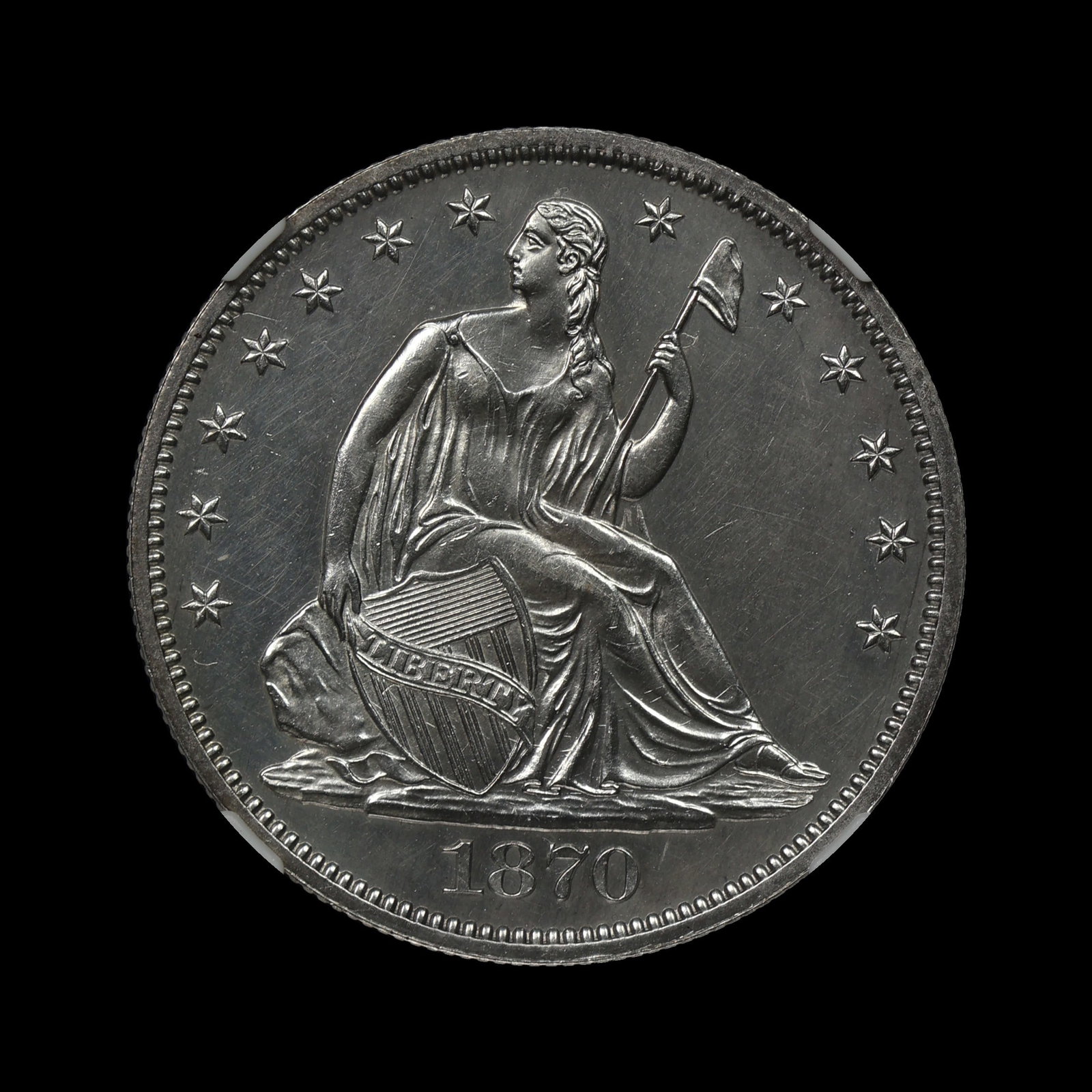 1870 Seated Liberty Half Dollar NGC UNC Dtls PROOF: (SXRS) Absolutely stunning blast white. Light hairlines.