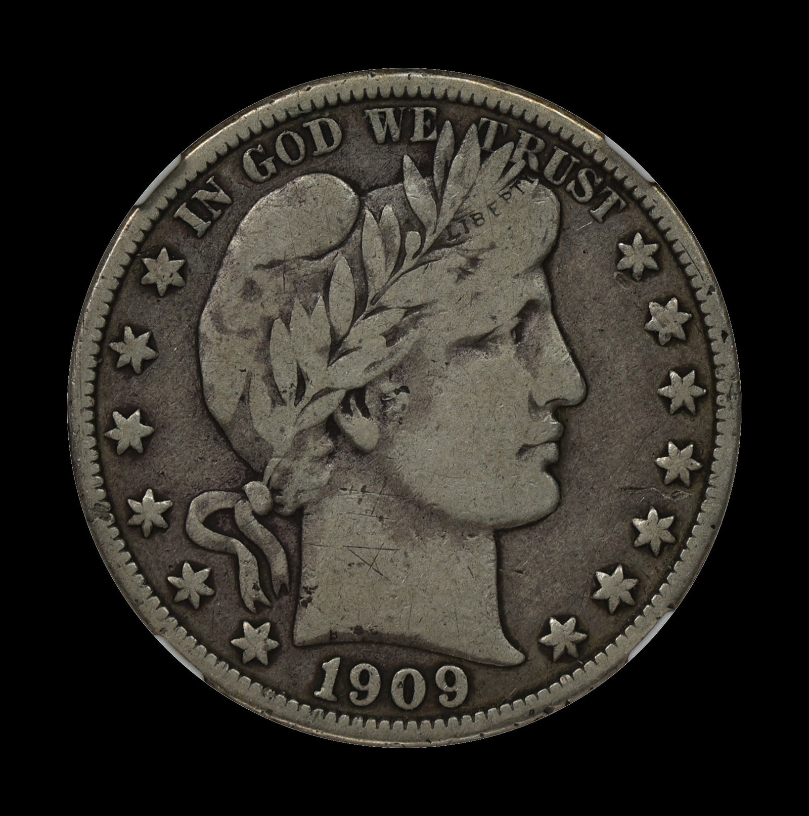 1909 O Barber Half Silver Dollar NGC F Better Date: (NRRO) Almost impossible to see the graffiti without magnification. "A" lightly scraped on the neck.