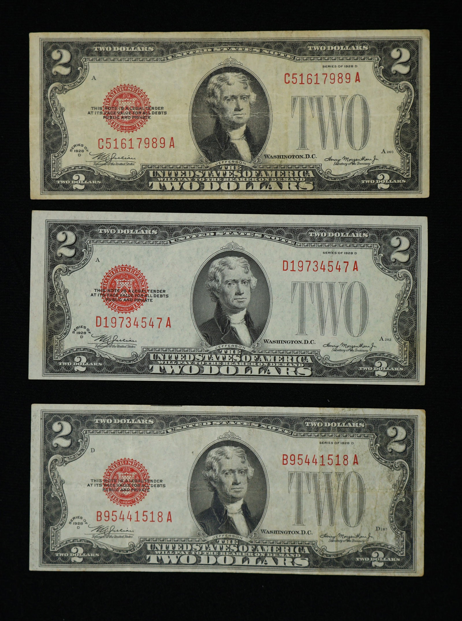 Lot of 3 $2 1928 D Two Dollar Note Bill AU-Circ (1 of 2)