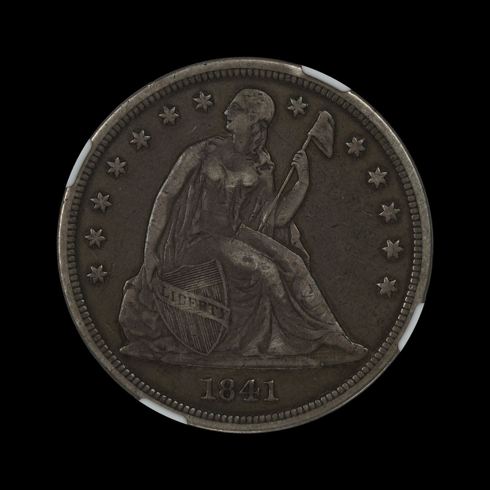 1841 Seated Liberty Dollar NGC VF 30 UNDERGRADED: (HTHM) Looks much closer to XF than VF. Significant remaining detail versus what's usually mid VF.