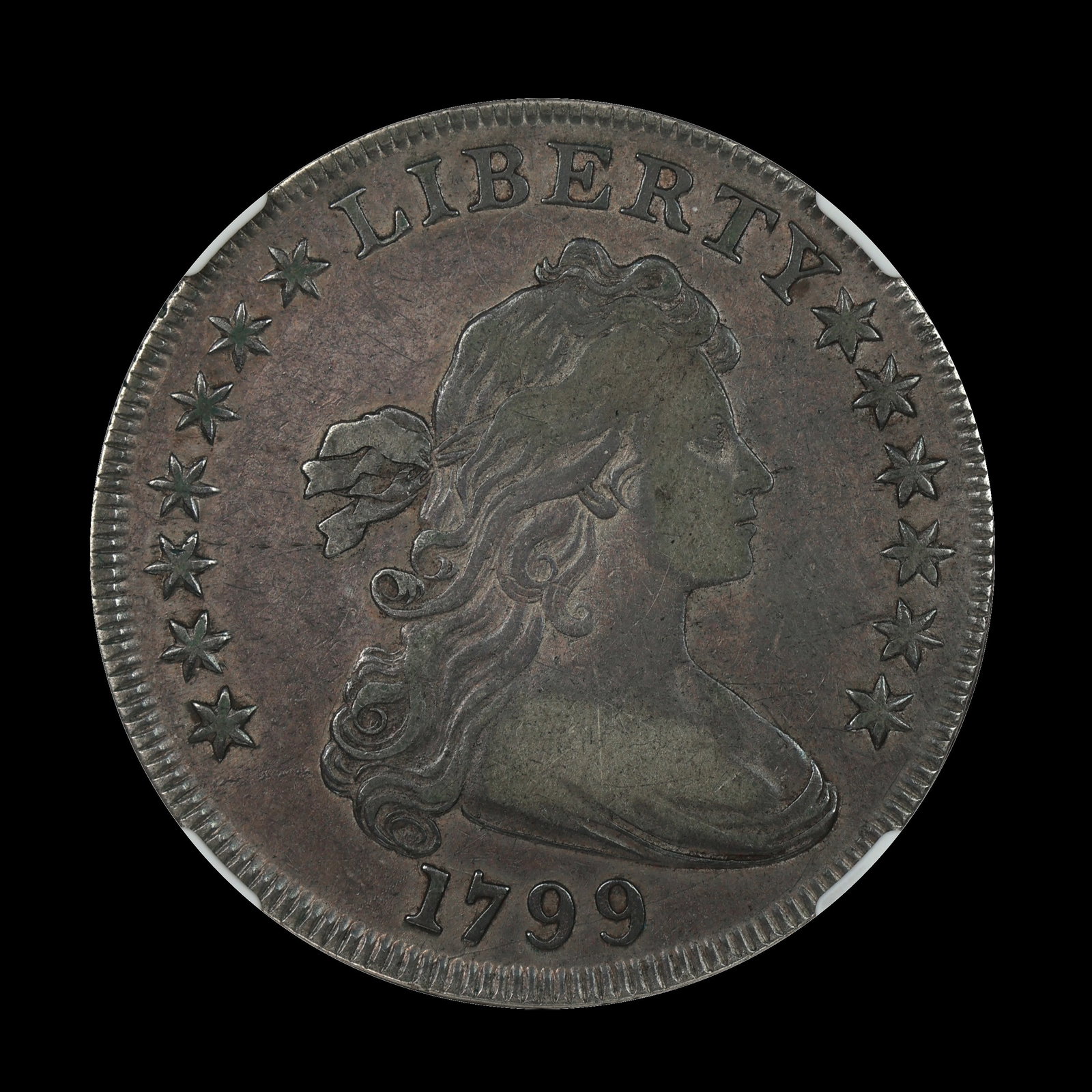 1799 Draped Bust Dollar NGC VF 30 RARE TONED: (HPPN) One of the crown jewels of The Lampasas Collection. Libertie's portrait is enveloped by nebula of pinks and purples. The stars at the rim still bear high twinkling points. A generational pick f