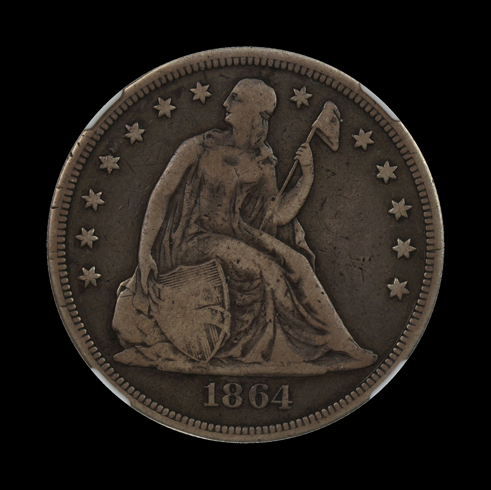 1864 Seated Liberty Dollar NGC F 12 CIVIL WAR: (JLAD) 1864 Seated Liberty Dollar NGC F 12 CIVIL WAR