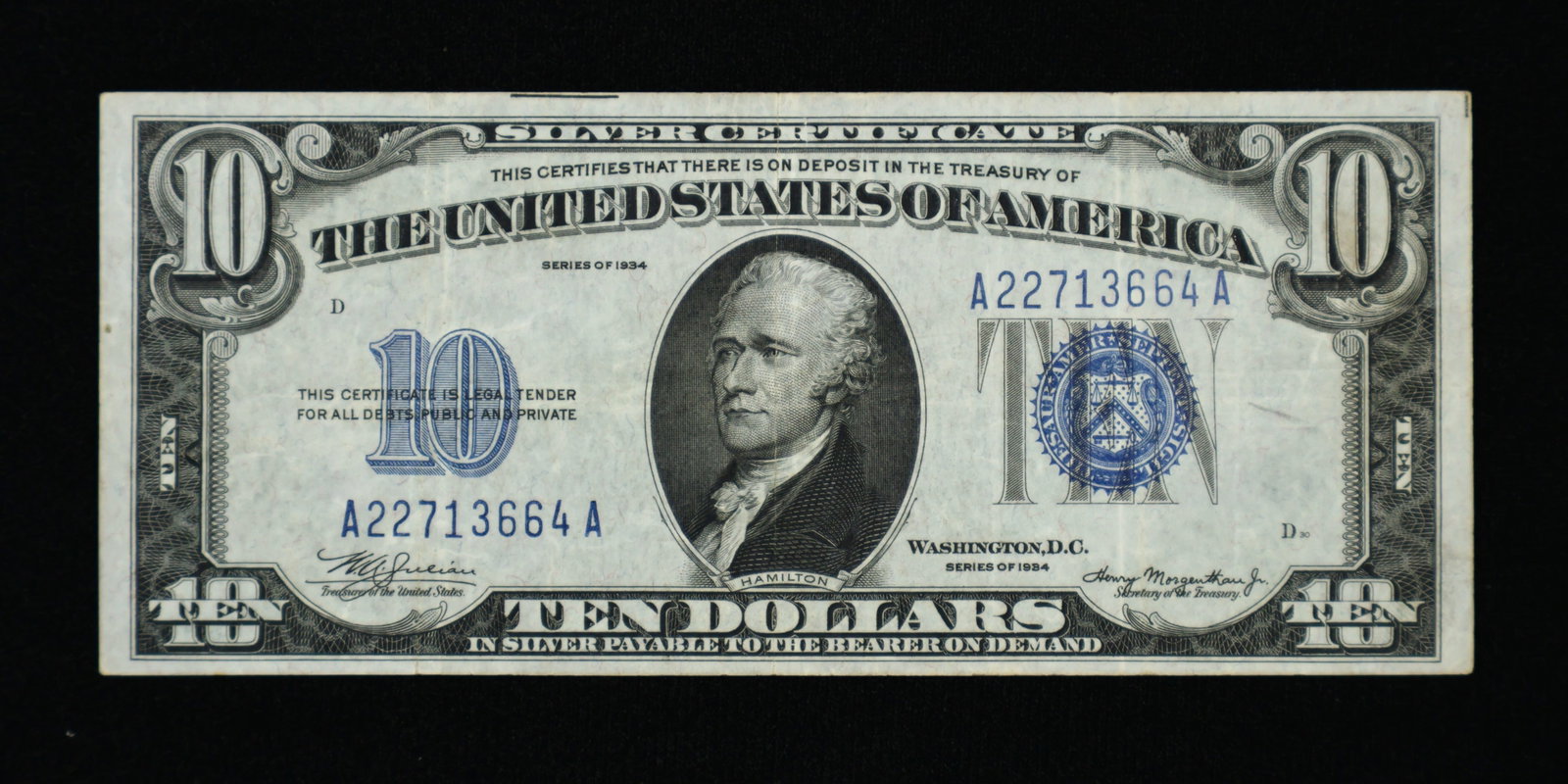 1934 $10 Dollar Silver Certificate Note Bill AA XF (1 of 2)