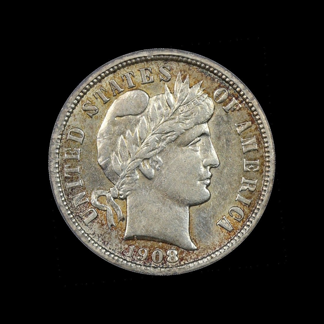 1908 D Barber Silver Dime ICG AU 55 LUSTROUS: (LZYV) 1908 D Barber Silver Dime ICG AU 55 LUSTROUS