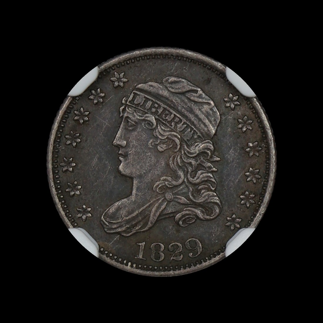 1829 Capped Bust Half Silver Dime NGC AU Details: (GIAT) First year of production! Some hairlines and minor scratches underneath thick toning.