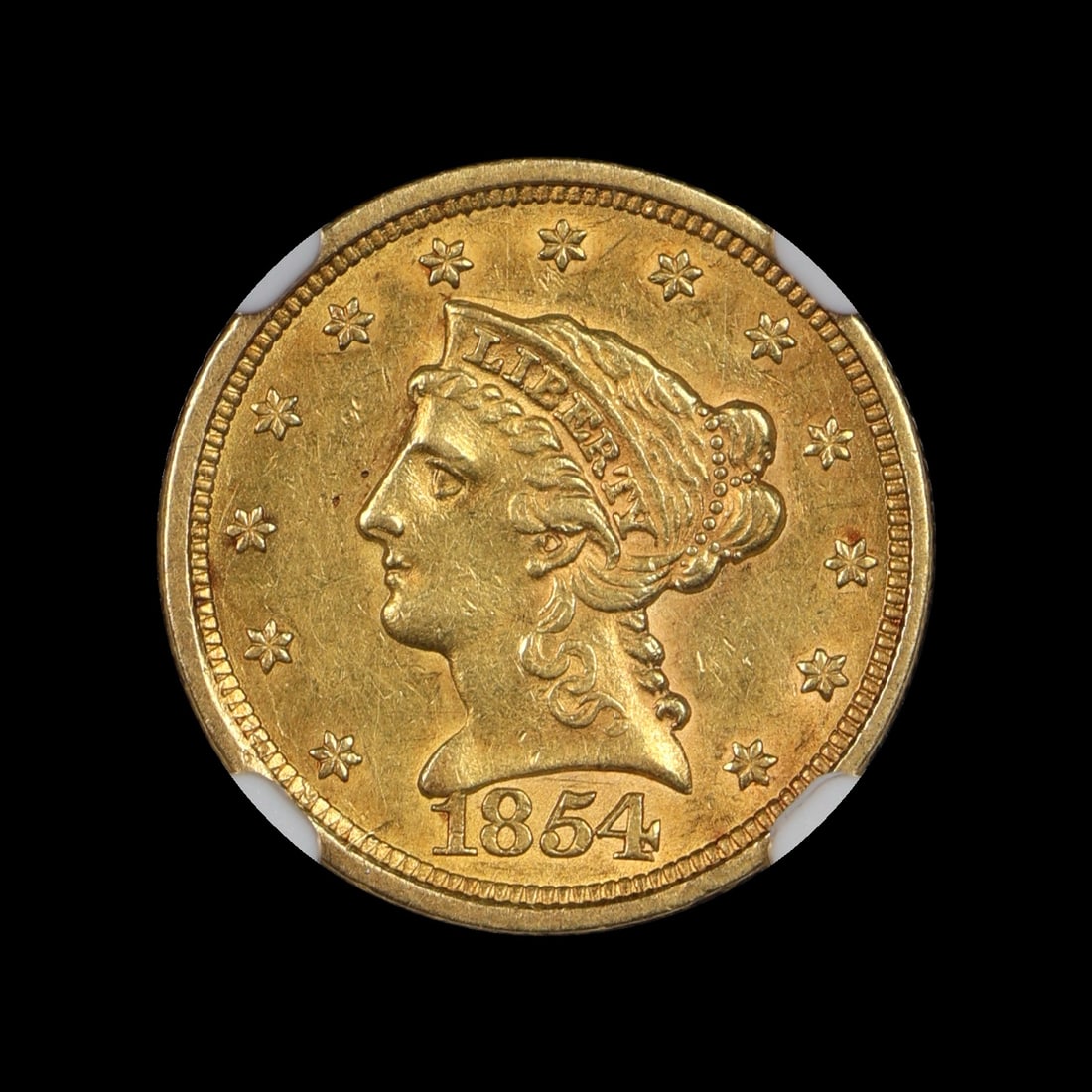 1854 $2.5 GOLD Quarter Eagle NGC AU 55: (NQKE) Please note credit cards will no longer be accepted for ANY gold purchases.