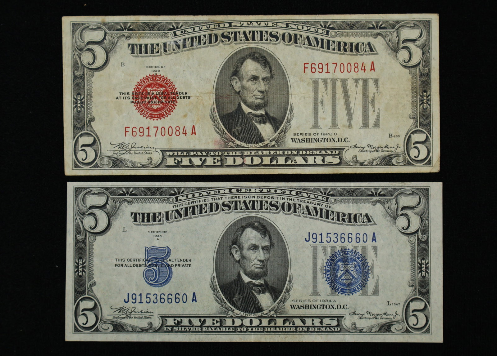 Lot 1934 A & 1928 C $5 Note Bill Red & Blue Seal (1 of 2)