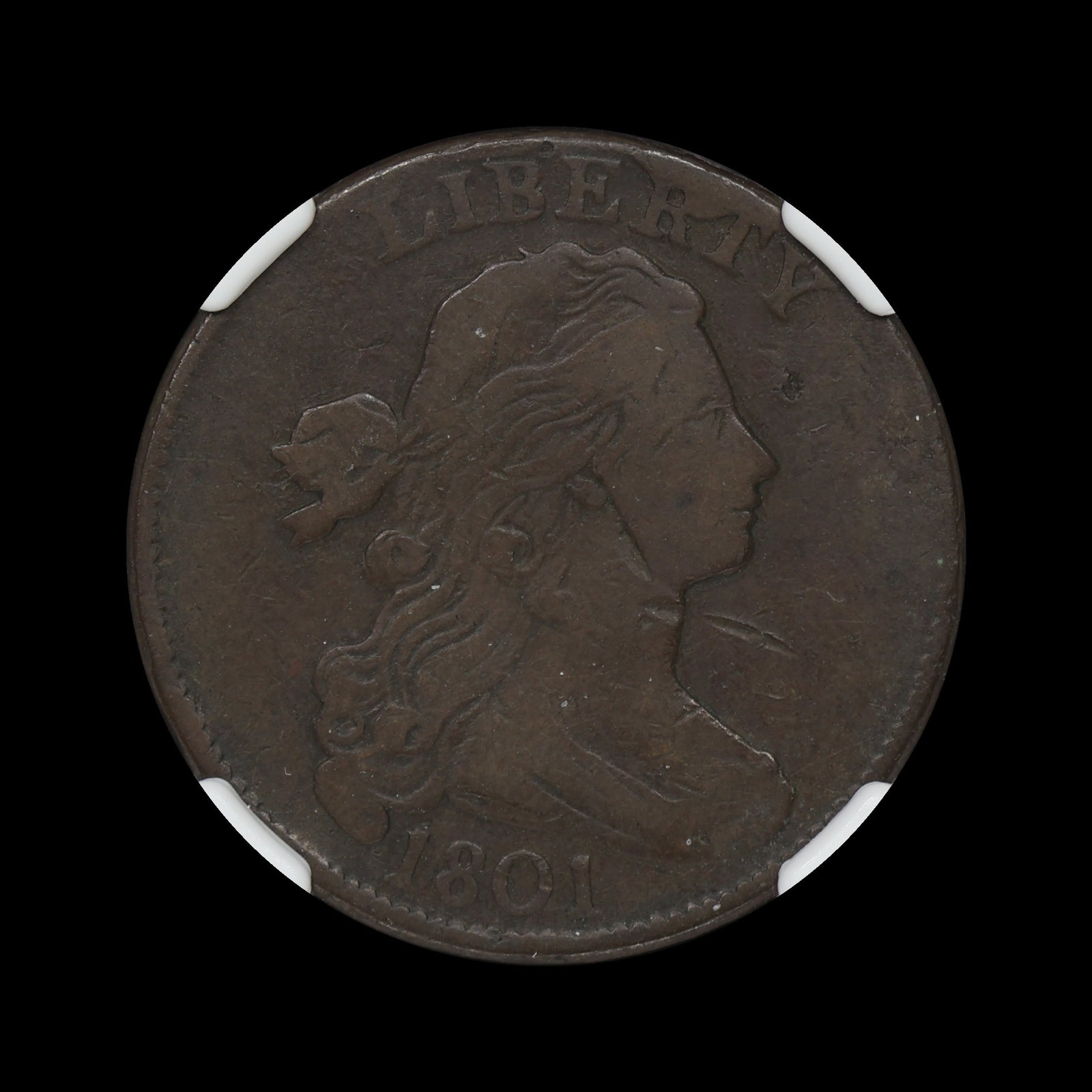 1801 1/000 Draped Bust Large Cent NGC F Dtls CUD: (VGYH) An important and fun coin. CUD covers the legend at 1'. The two marks on the obverse are the "damage". For such an old coin feels a bit harsh.