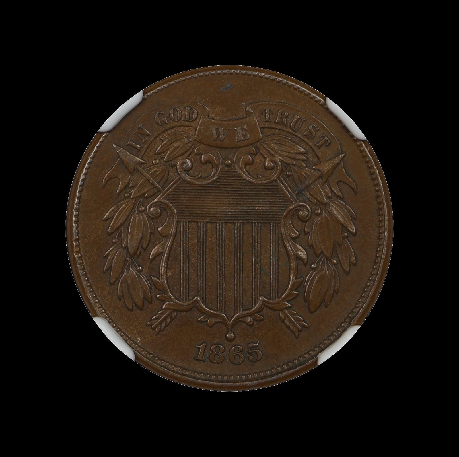 1865 Two Cent 2c Fancy 5 NGC AU 53 UNDERGRADED: (VZED) Slight flatness on the fins at first glance but that's really it. Great regrade candidate.