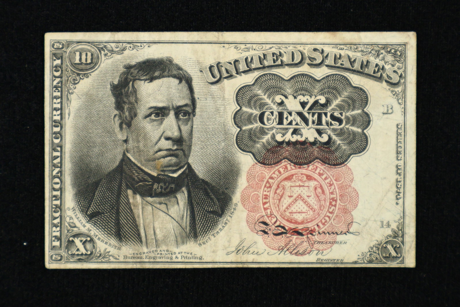 1849 Ten Cents 10c Fractional Currency Note: (OPHC) Appears to be the 5th issue of this note featuring William Meredith.