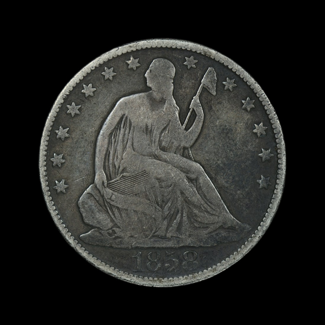 1858 O Seated Liberty Silver Half: (ESQT) 1858 O Seated Liberty Silver Half