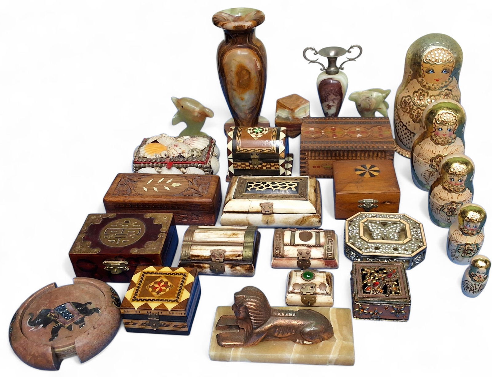 Boxes and objects - an alabaster vase; another metal mounted; a cast metal sphinx mounted on an (1 of 1)