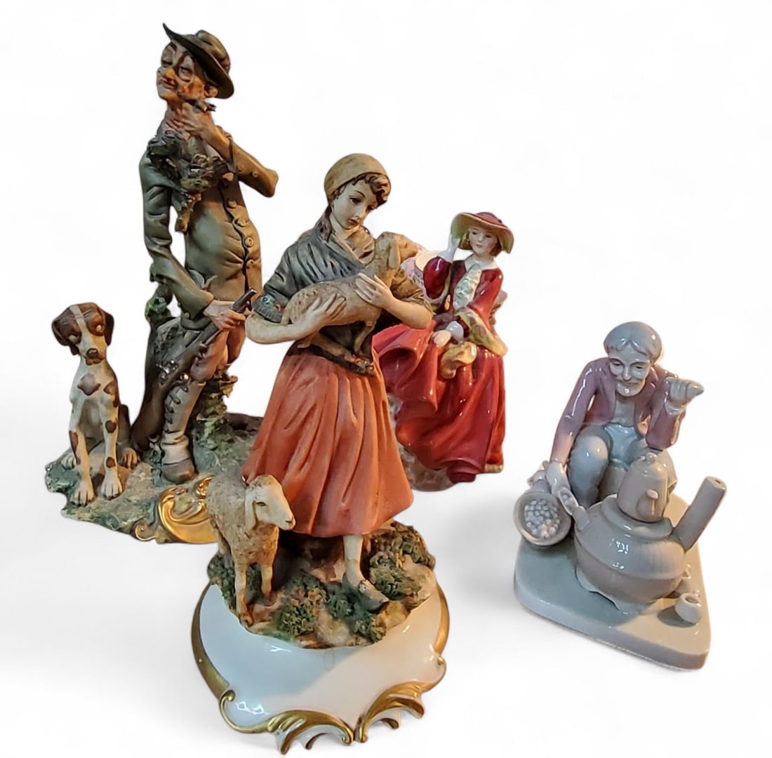 A Royal Doulton figure, Top O the Hill, hn1834; a Capo-di-Monte figure, by Volta, of a P: A Royal Doulton figure, Top O the Hill, hn1834; a Capo-di-Monte figure, by Volta, of a Poacher and his Hound, signed, 29cm high; another, of a shepherdess and lambs, 22cm high,