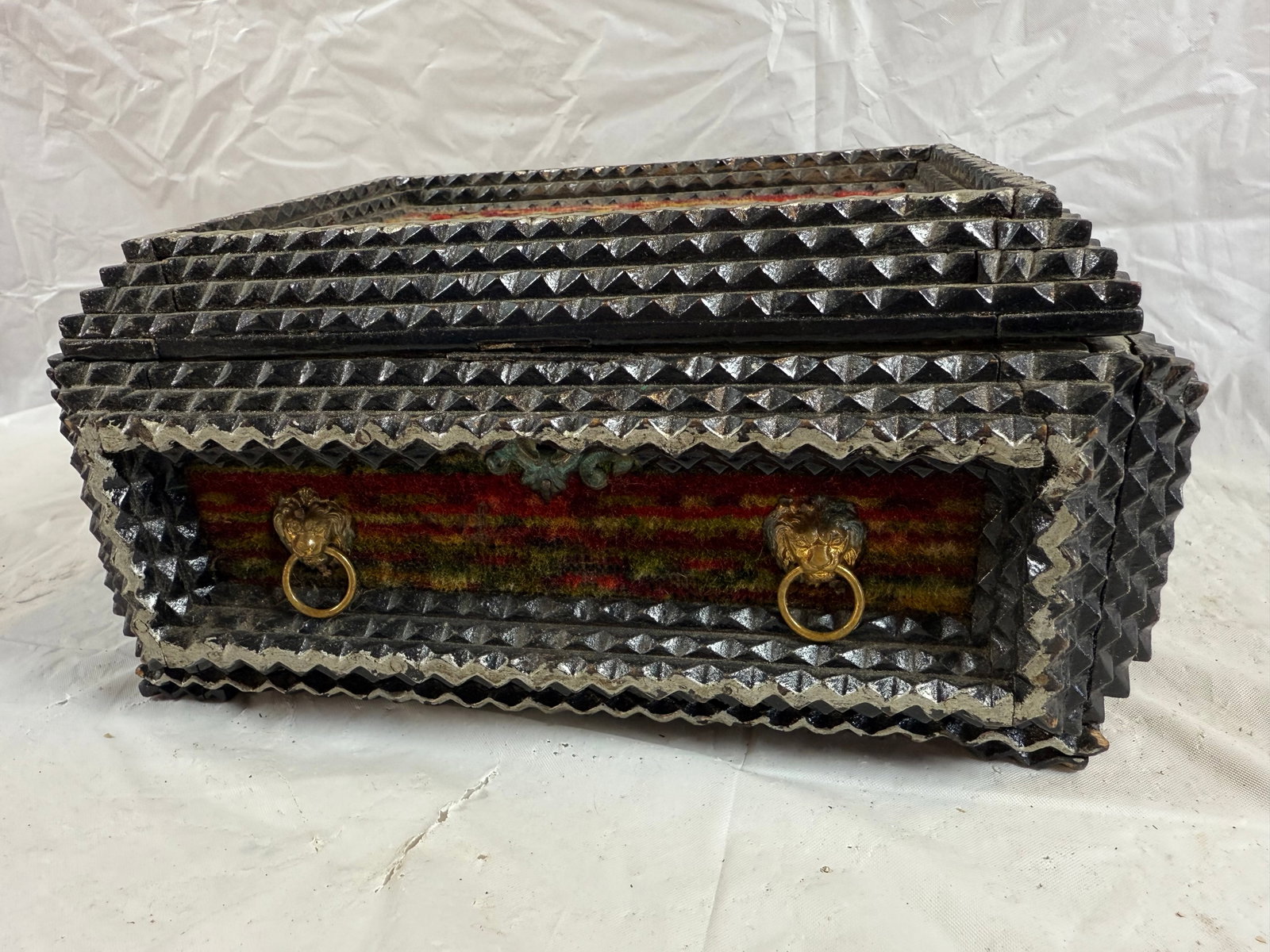 Chipped carved art velvet covered jewelry box: Chipped carved art velvet covered jewelry box