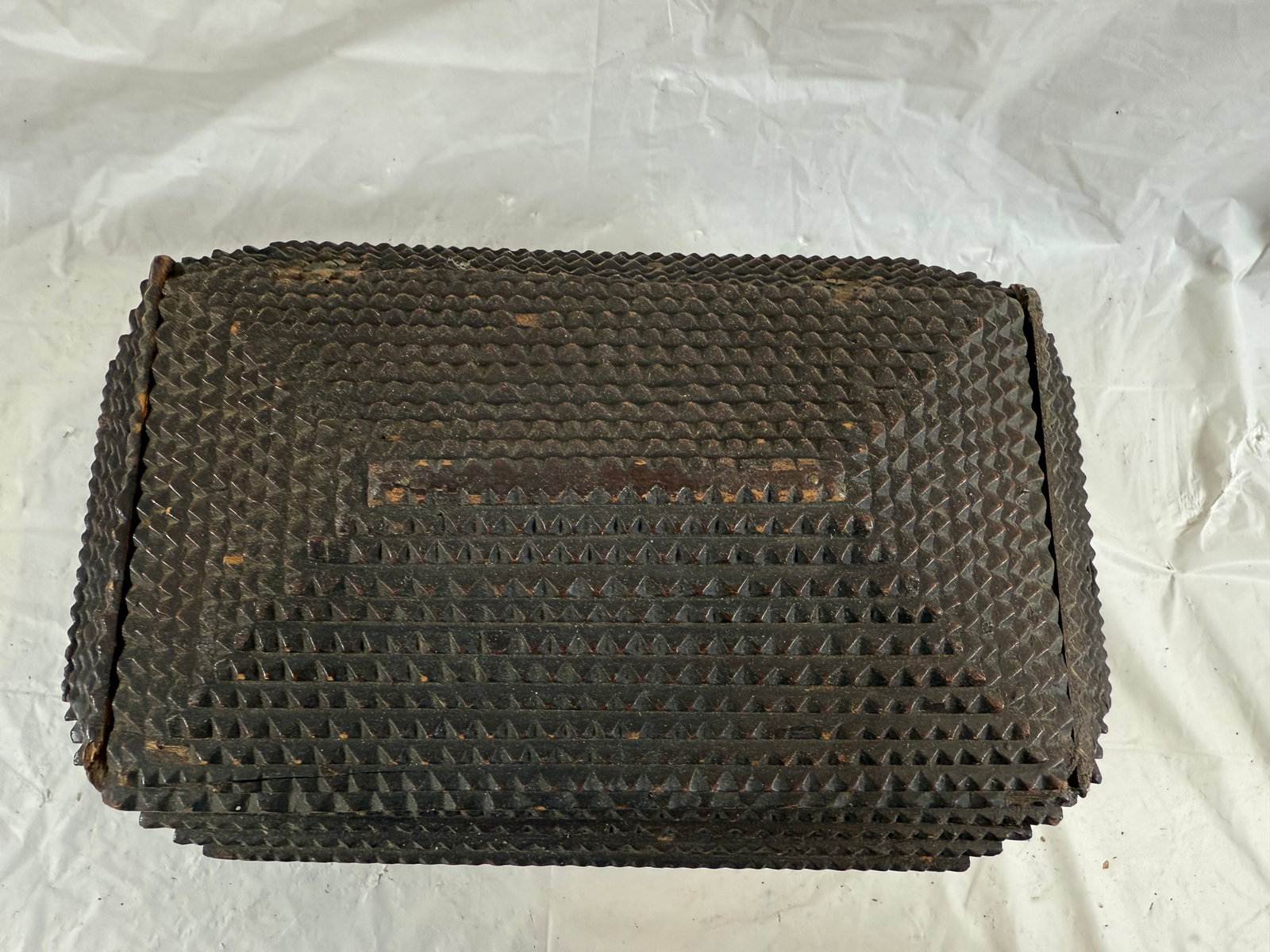 Chipped carved art jewelry box with velvet inlay: Chipped carved art jewelry box with velvet inlay