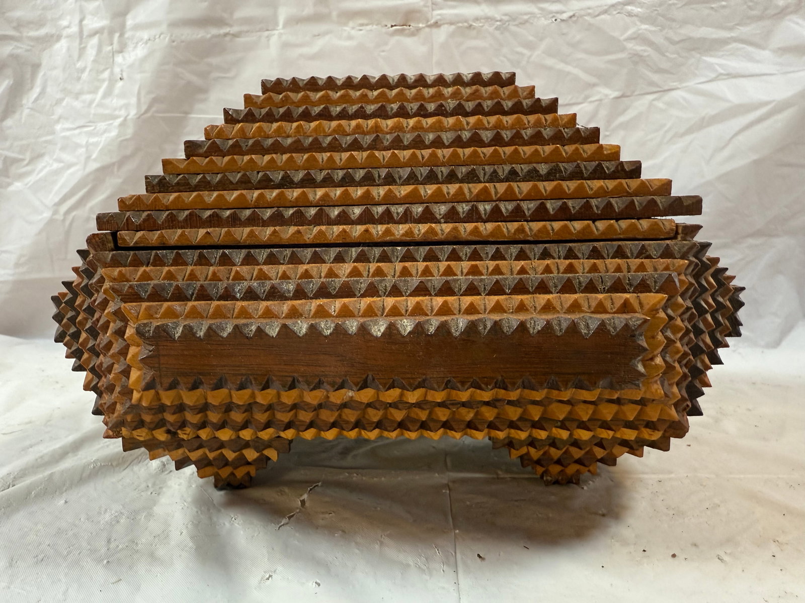 Chipped carved art jewelry box with heart mirror inside: Chipped carved art jewelry box with heart mirror inside lid