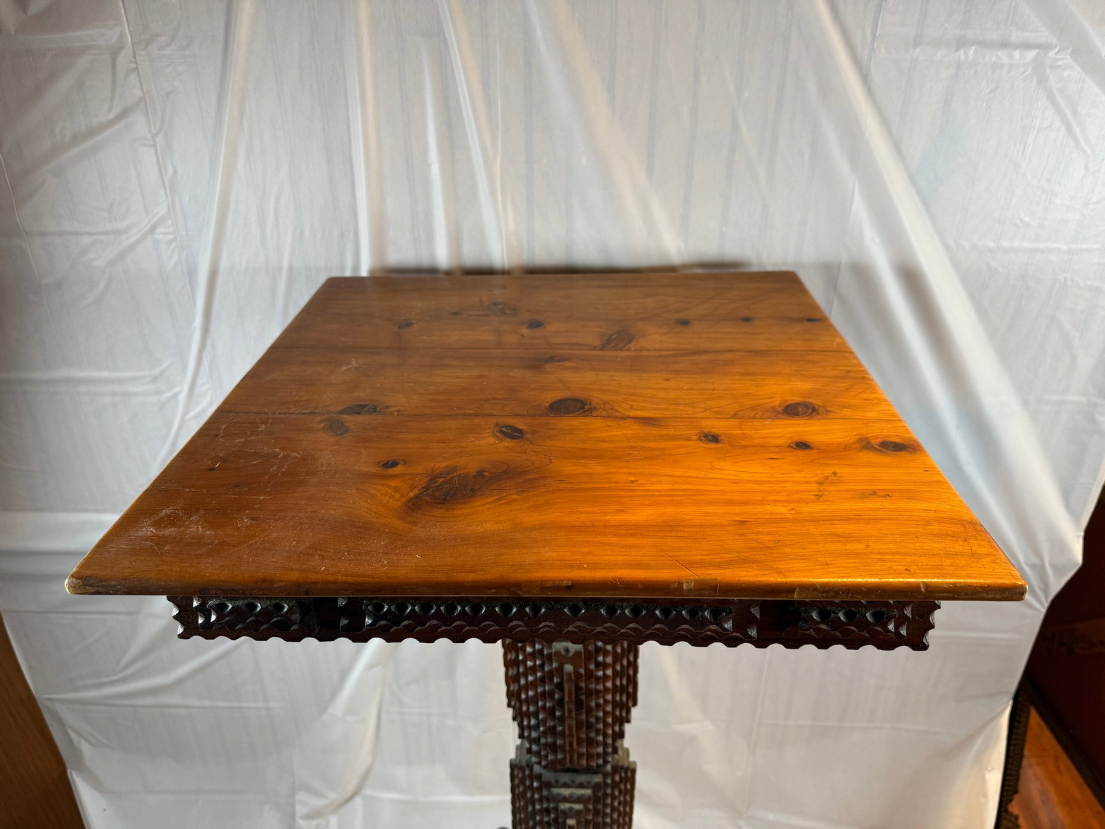 Chipped carved art pedestal stand (1 of 3)