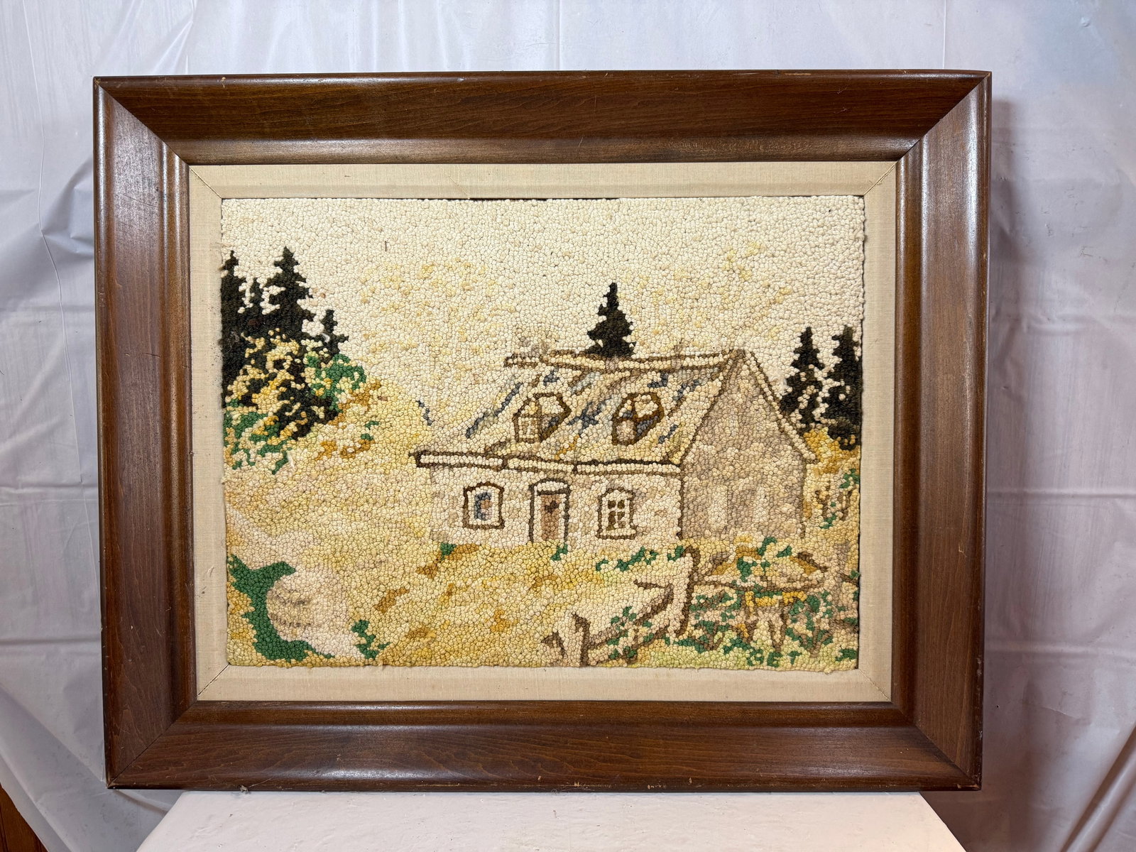 Framed cottage scene folk art hook rug (1 of 2)
