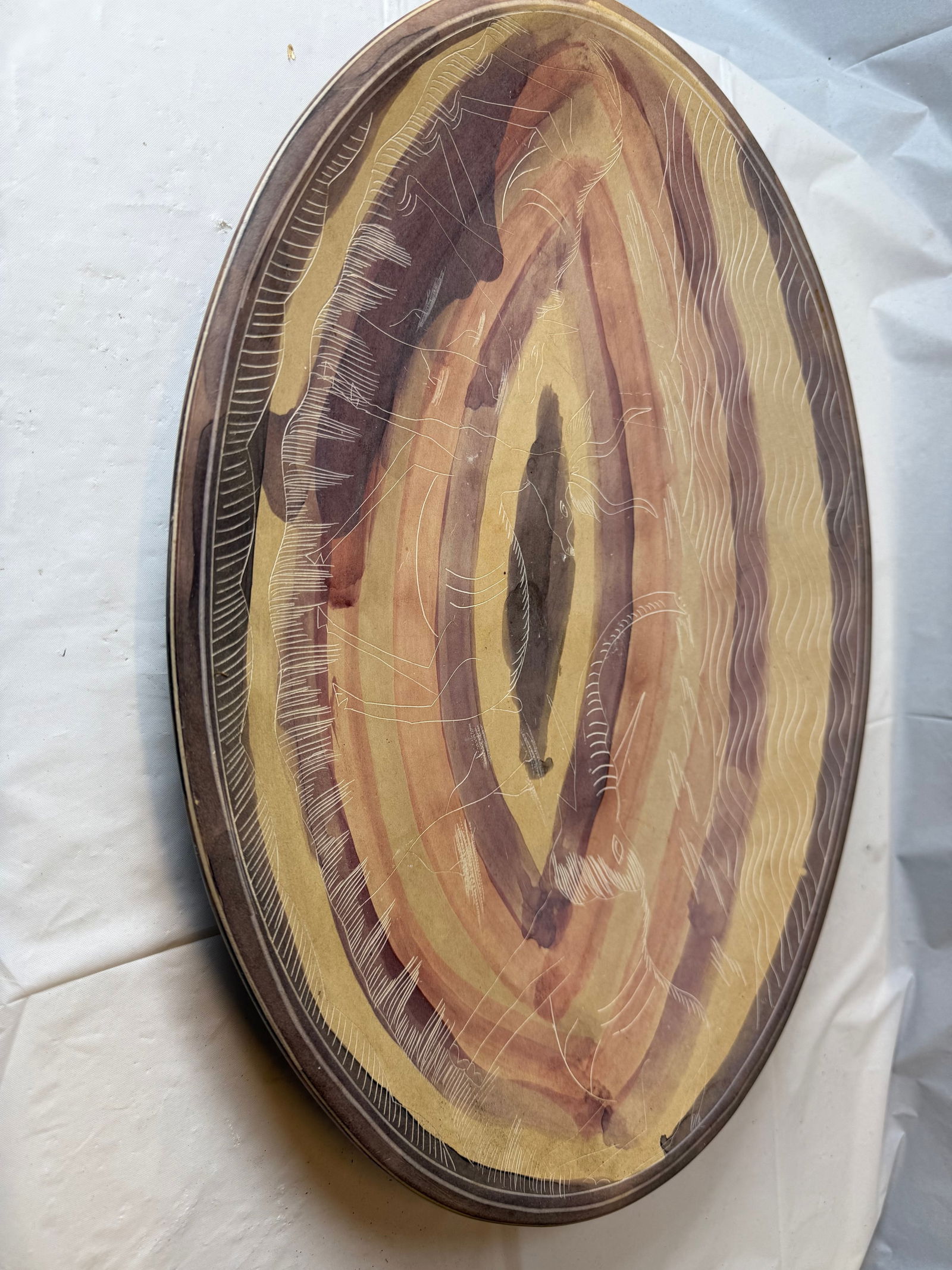 Polished Stone Oval Offering Plate with Inscribed Animals: Polished Stone Oval Offering Plate with Inscribed Animals