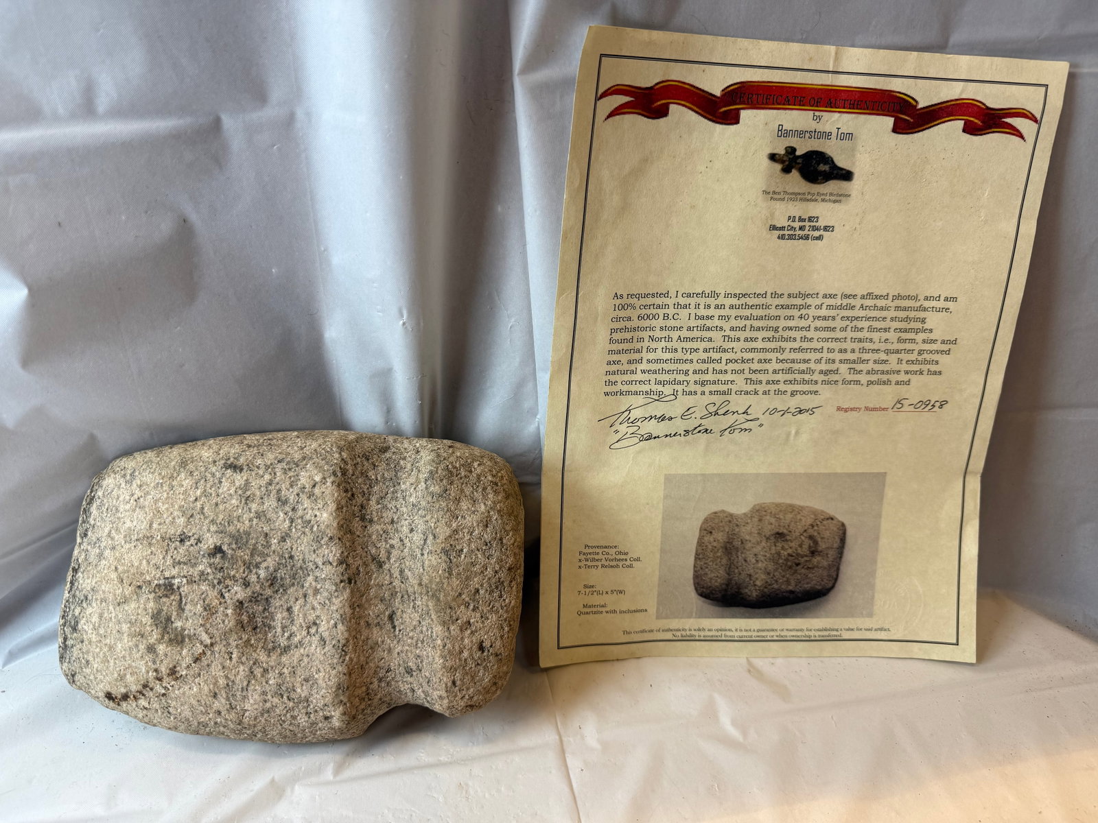 Archaic Manufactured c.6000 BC Axe Head with Certificate: Archaic Manufactured c.6000 BC Axe Head with Certificate of Authenticity
