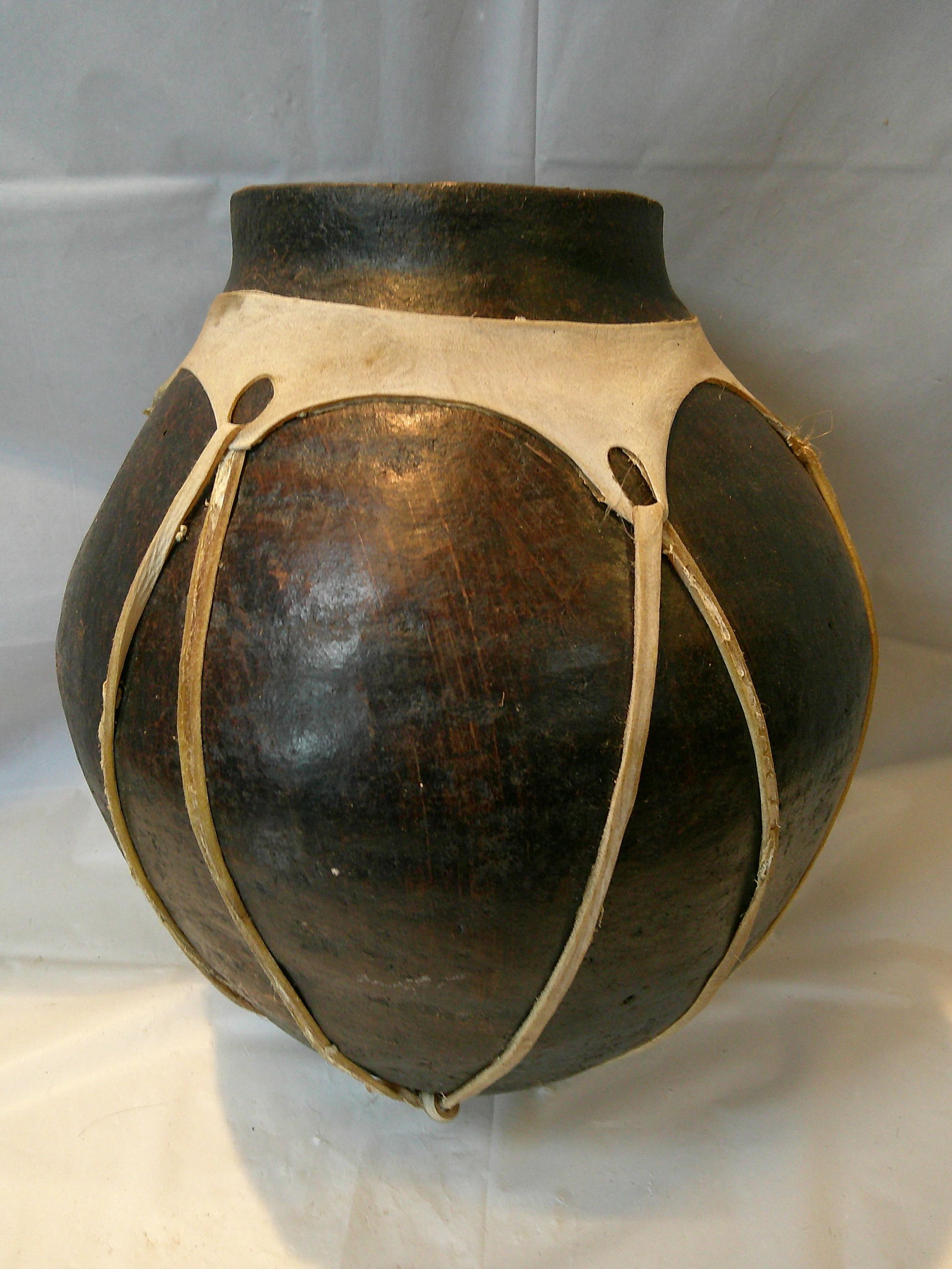 Native American Large Tarahumara Indigenous Pottery Vase Wrapped in Leather (1 of 3)
