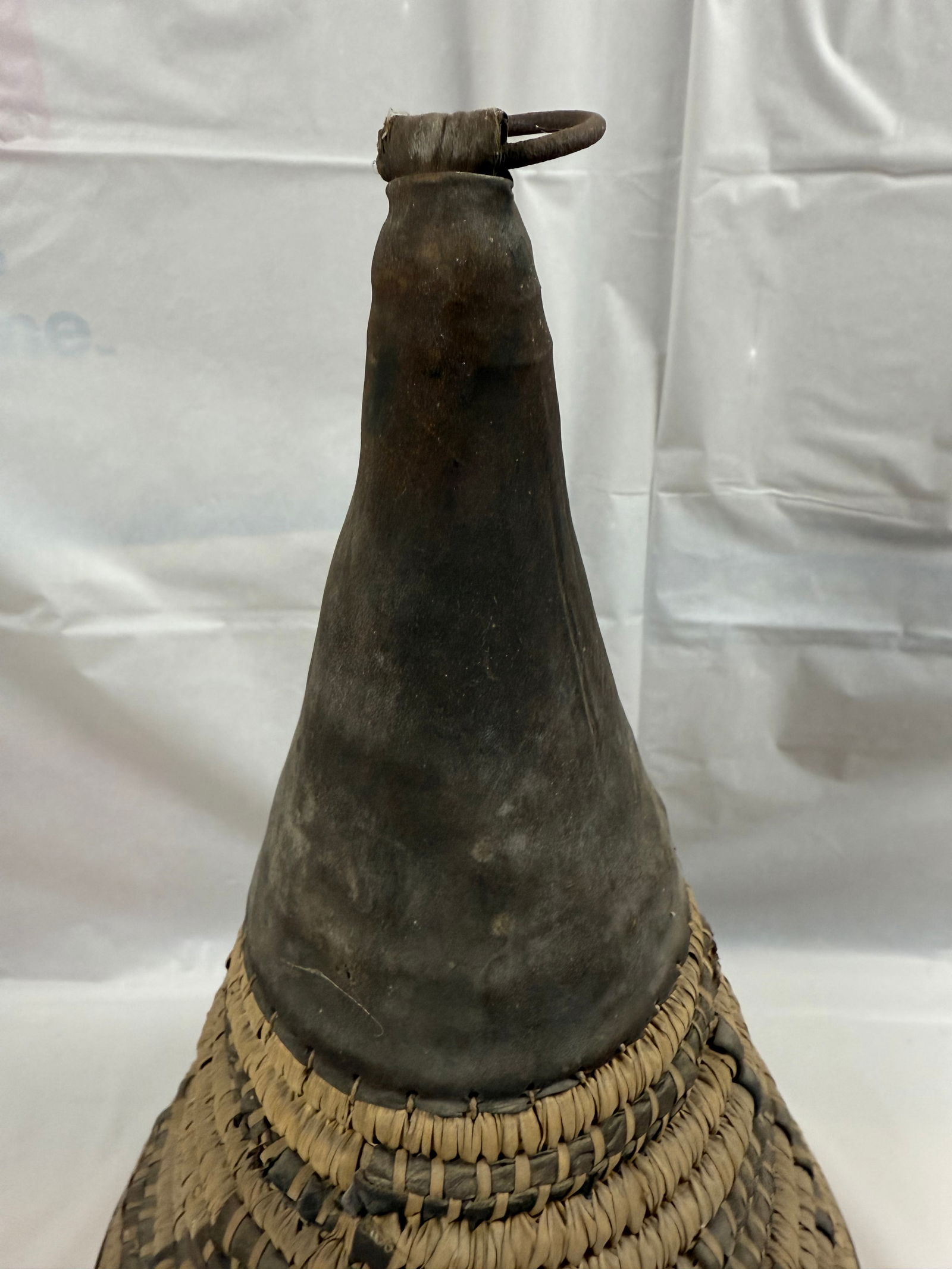 Hand-woven African Basket w/Leather Top (1 of 5)