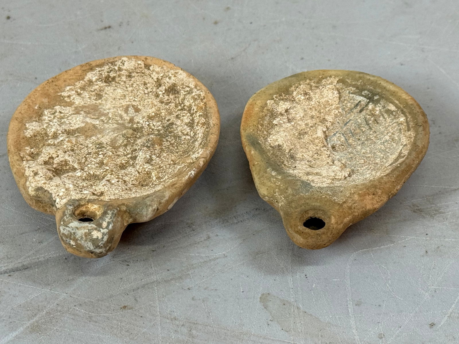 Pair of Early Clay Oil Lamps: Pair of Early Clay Oil Lamps