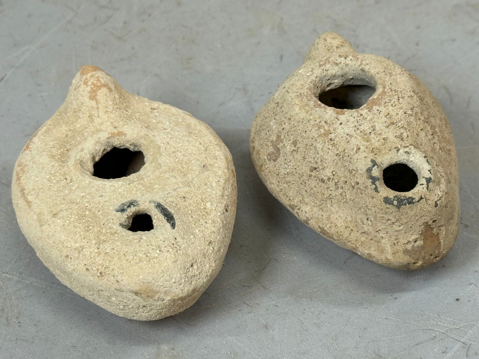 Pair of Early Clay Oil Lamps: Pair of Early Clay Oil Lamps