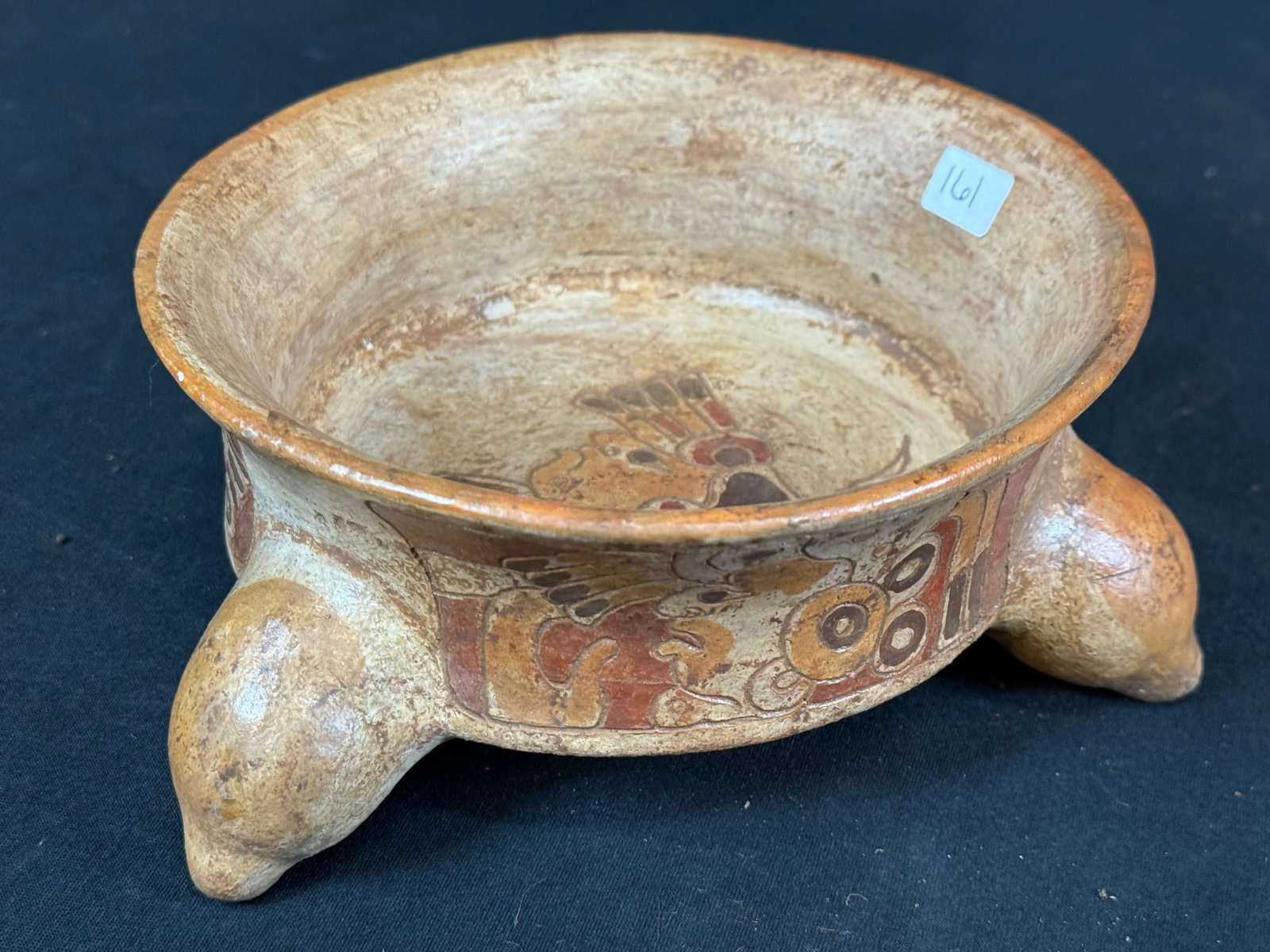 Pre-Columbian-Style Tripod Dish: Pre-Columbian-Style Tripod Dish, Hand Painted