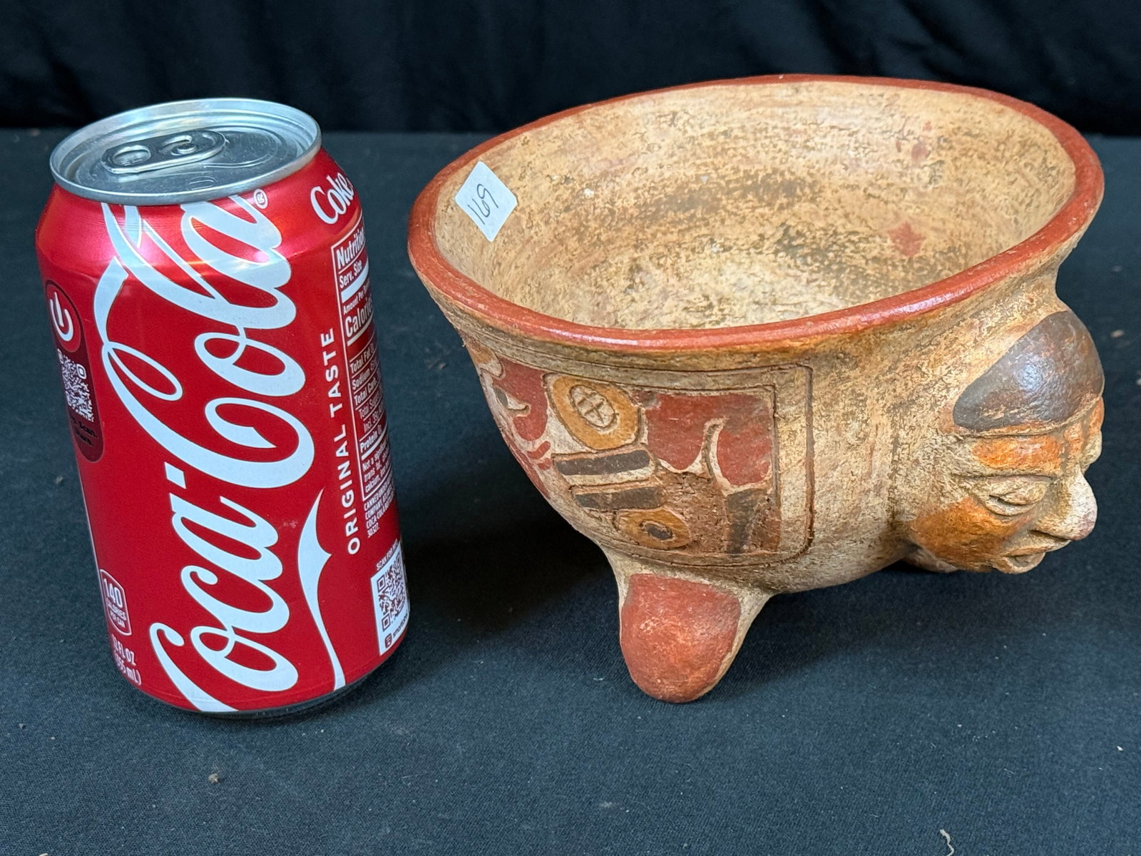 Pre-Columbian-Style Tripod Bowl with Carving of a Face: Pre-Columbian-Style Tripod Bowl with Carving of a Face, Hand Painted, Hand Carved